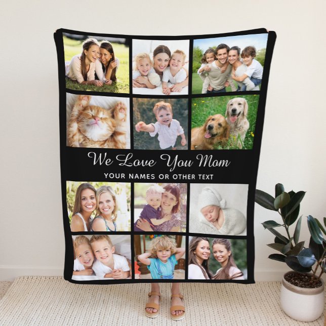 Mum 12 Photo Collage Black Fleece Blanket (Creator Uploaded)