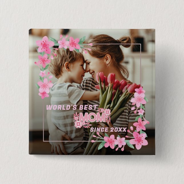 Mum 1 photo modern elegant pink girly mothers day  15 cm square badge (Front)