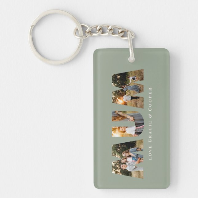 Mum 3 photo modern elegant sage green mothers day key ring (Front)