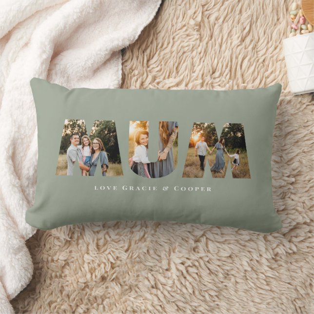 Mum 3 photo modern elegant sage green mothers day lumbar cushion (Blanket)