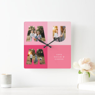 Mum 3 photo modern girly pink mothers day square wall clock