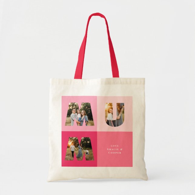 Mum 3 photo modern girly pink mothers day tote bag (Front)