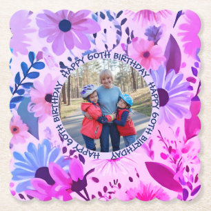 Mum 60th Birthday Pink And Blue Floral Photo Paper Coaster