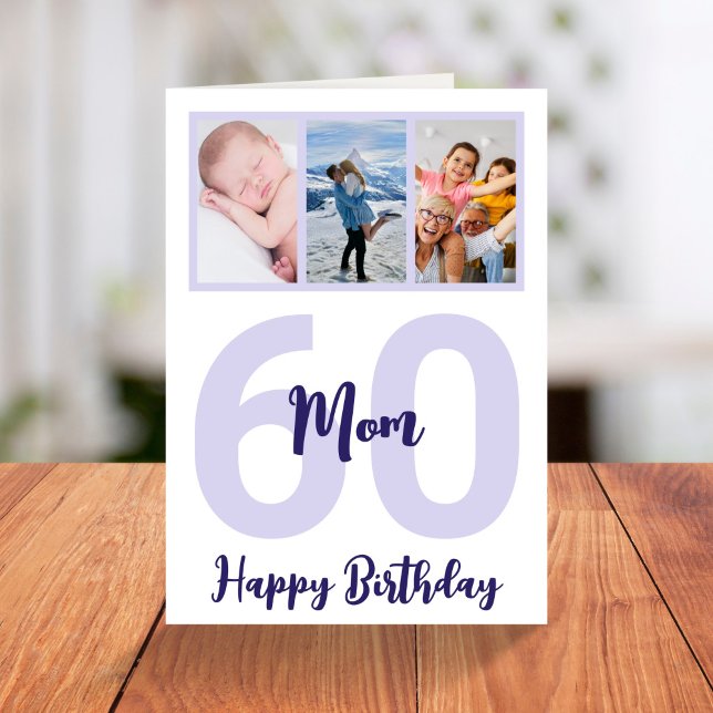 Mum 60th Birthday Purple Script Photo Collage Card (Creator Uploaded)