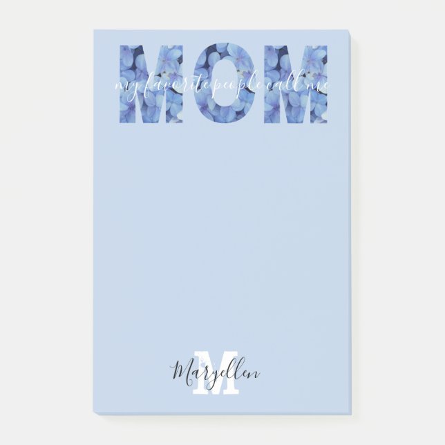 Mum Add Your Name and Monogram Blue Hydrangea Post-it Notes (Front)