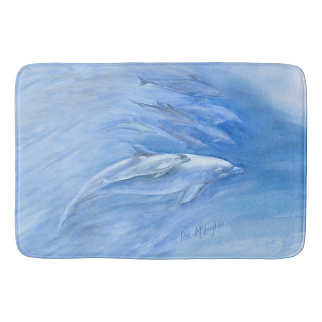 Mum and Baby Bottlenose Dolphin swimming together Bath Mat (Front)