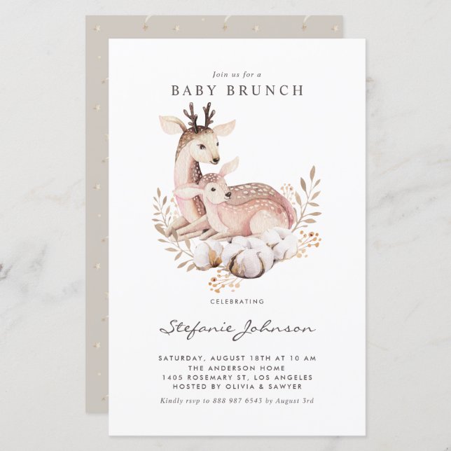 Mum and Baby Deer Fall Baby Brunch Invitation (Front/Back)