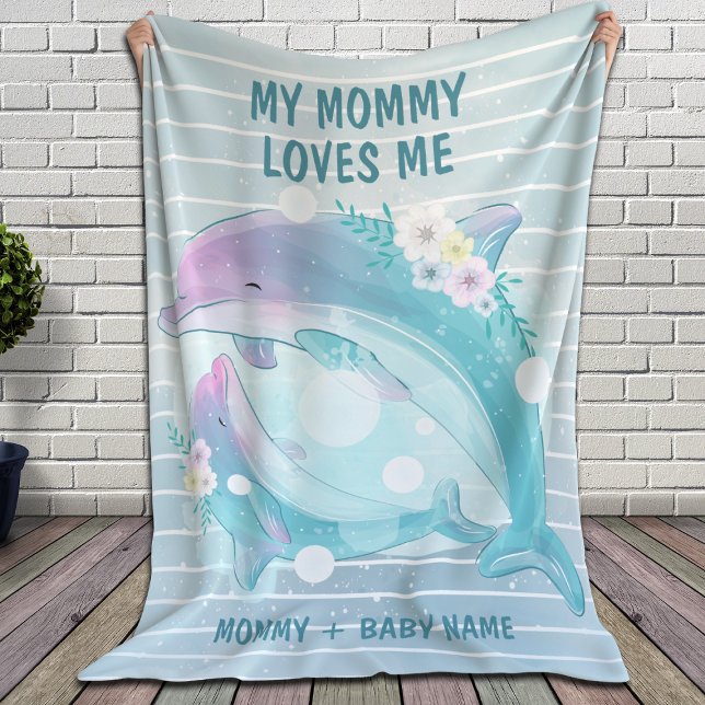 Mum and Baby Dolphins with Flowers Mummy Loves Me Fleece Blanket (Creator Uploaded)