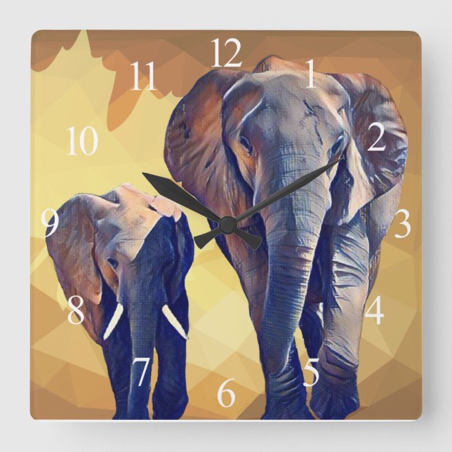 Mum and baby Elephant in the Fall Throw Pillow Square Wall Clock (Front)
