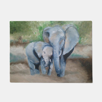 Mum and Baby Elephant Oil Painting Door Mat