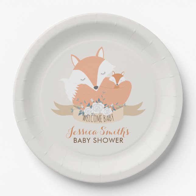 Mum and Baby Fox Baby Shower Personalised Paper Plate (Front)