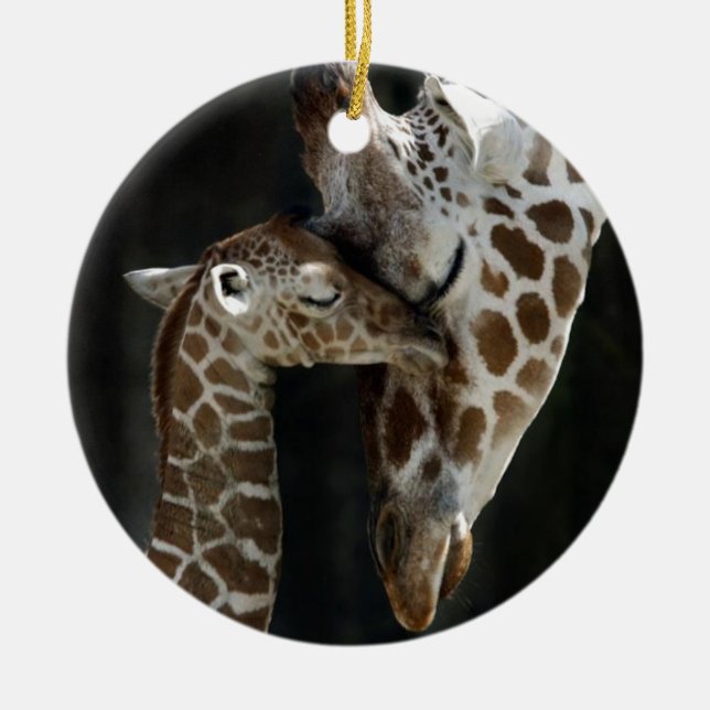 Mum and Baby Giraffe Cuddle Ceramic Ornament (Front)
