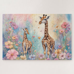 Mum and Baby Giraffe In a Pastel Garden Jigsaw Puzzle