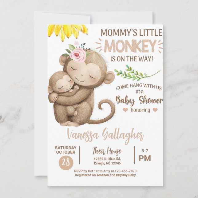 Mum and baby monkey baby shower invitation. invitation (Front)