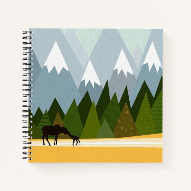 Mum and baby moose silhouette mountain tops notebook (Front)