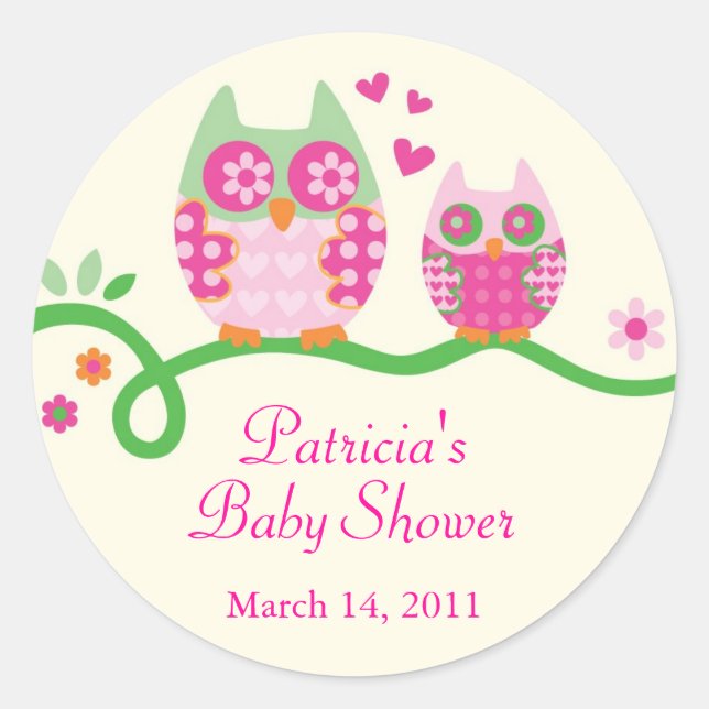 Mum and Baby Owl Baby Shower Favour Sticker (Front)
