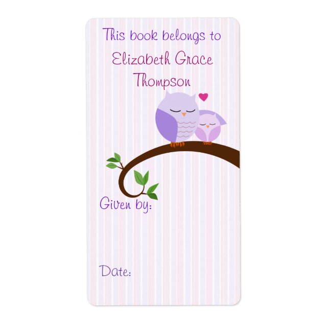 Mum and Baby Purple Owls Book Label (Front)