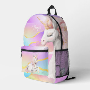 Mum and Baby Unicorn over the rainbow custom name Printed Backpack