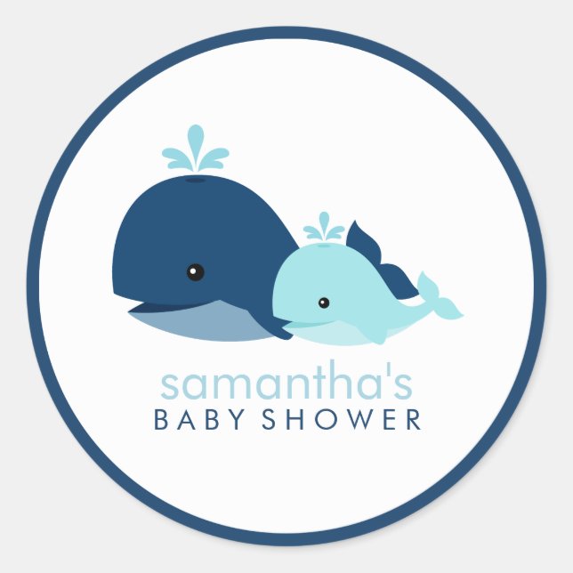 Mum and Baby Whale Baby Shower {blue} Classic Round Sticker (Front)