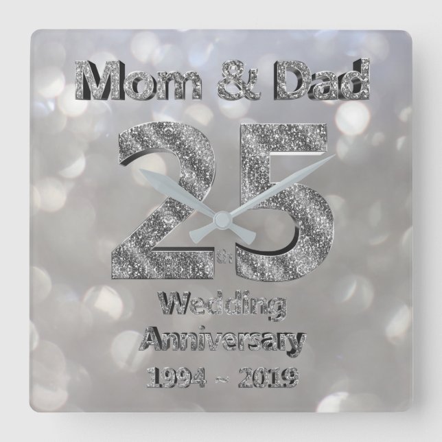 Mum and Dad 25th Silver Wedding Anniversary 2019 Square Wall Clock (Front)