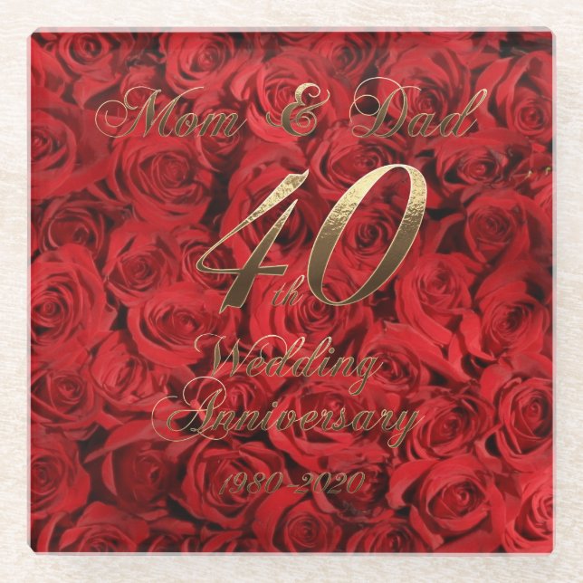 Mum and Dad 40th Wedding Anniversary Keepsake Glass Coaster (Front)