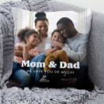 Mum and Dad | Boho Text Overlay with Two Photos Cushion<br><div class="desc">This simple and stylish pillow for your parents features two of your personal family photos, along with the words "Mum & Dad" in boho white modern typography and a spot to add your names and the year on the back. Text as presented says "we love you so much", but you...</div>