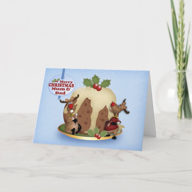 Mum And Dad Christmas Card With Pudding & Reindeer (Front)