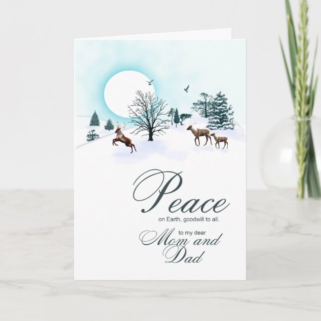 Mum and dad, Christmas scene with reindeer Holiday Card (Front)