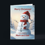 Mum and Dad Christmas Snowman  Holiday Card<br><div class="desc">A festive winter scene showing a cheerful snowman in a red hat and scarf. Wish your mum and dad a merry Christmas with a lovely snowman card.</div>