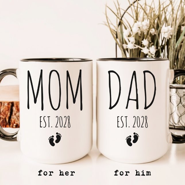 Mum and Dad | Custom Elegant Script Baby Reveal Mug (Personalized Mom Mug New Baby Shower Gift, Personalized Dad Coffee Mug New Baby Announcement Gift)