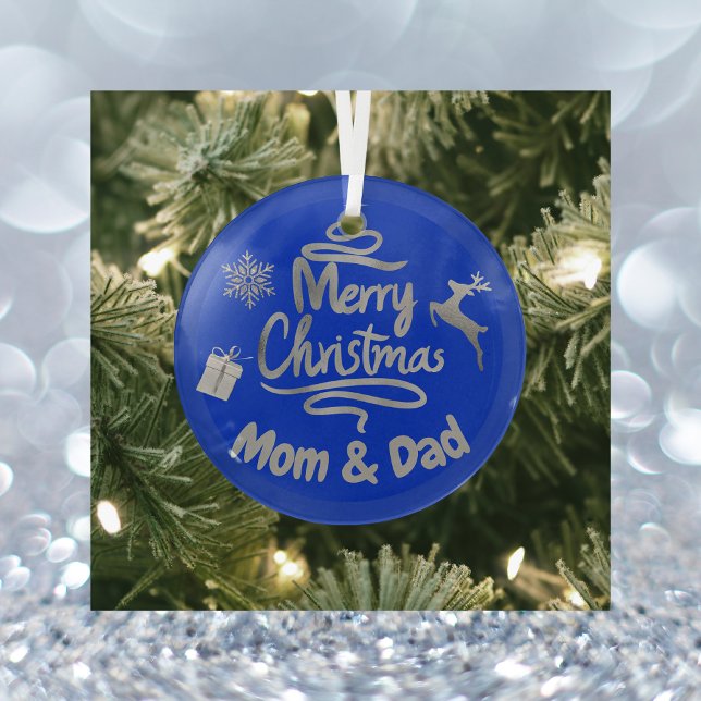 Mum and Dad Merry Christmas Silver on Blue | Glass Tree Decoration (Creator Uploaded)