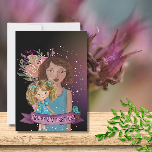 Mum and Daughter Illustration with Flowers Holiday Card (Mom and Daughter Illustration with Flowers Holiday Card)