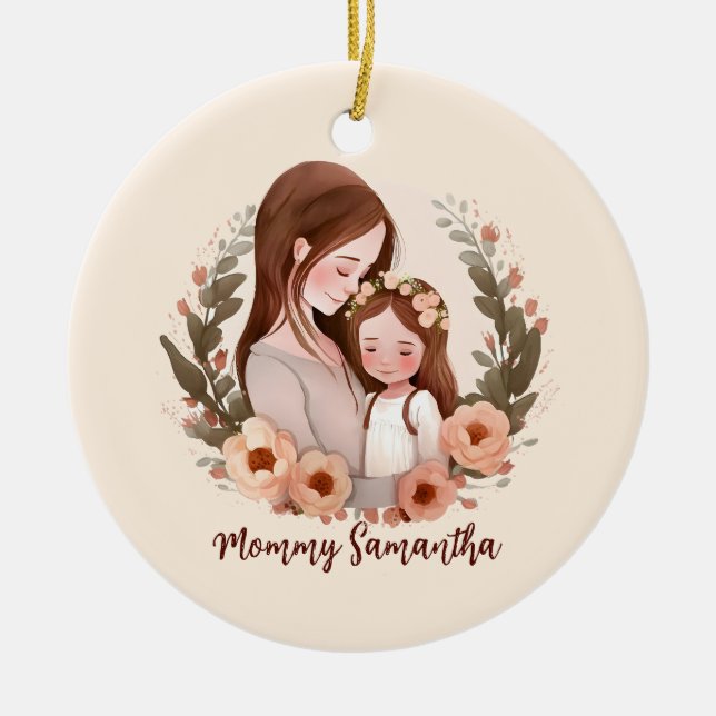Mum and Daughter with Rose Wreath 2 Ceramic Ornament (Front)