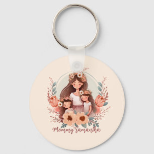Mum and Daughters with Floral Background Key Ring