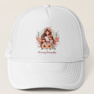 Mum and Daughters with Floral Background Trucker Hat
