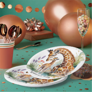 Mum and Me Watercolor Giraffe Baby Shower Paper Plate