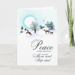 Mum and step-dad, Christmas scene with reindeer Holiday Card