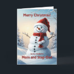 Mum and Step Dad Christmas Snowman  Holiday Card<br><div class="desc">A festive winter scene showing a cheerful snowman in a red hat and scarf. Wish your mum and step dad a merry Christmas with a lovely snowman card.</div>