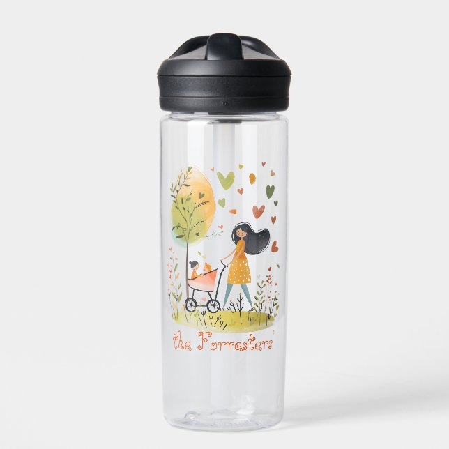 Mum and Twins on Stroller Water Bottle (Front)