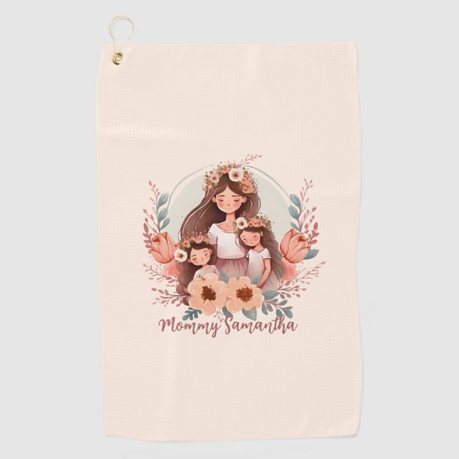 Mum and Two Daughters in Floral Frame Golf Towel (Front)