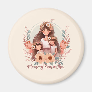 Mum and Two Daughters in Floral Frame Magnet