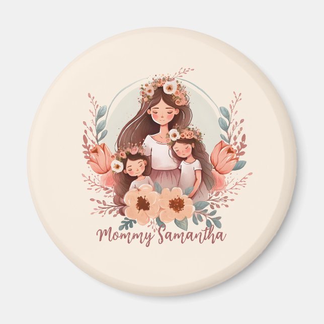 Mum and Two Daughters in Floral Frame Magnet (Front)