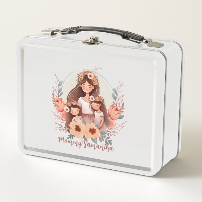 Mum and Two Daughters in Floral Frame Metal Lunch Box (Front)
