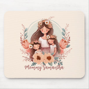 Mum and Two Daughters in Floral Frame Mouse Pad