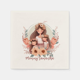 Mum and Two Daughters in Floral Frame Napkin