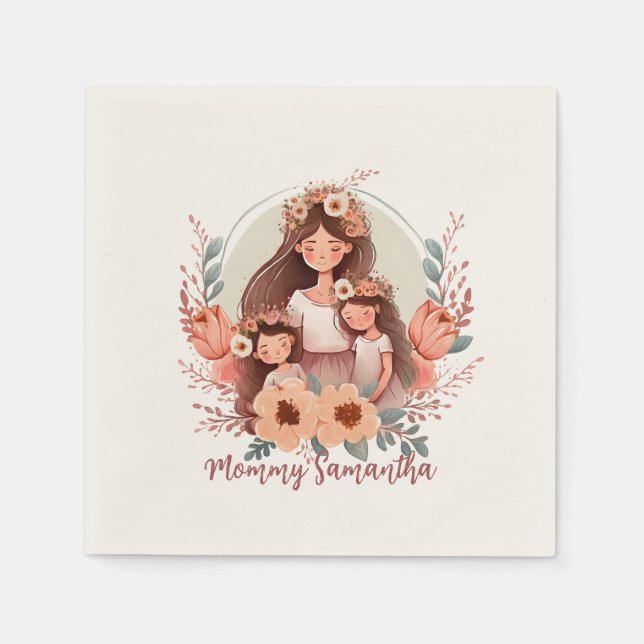 Mum and Two Daughters in Floral Frame Napkin (Front)