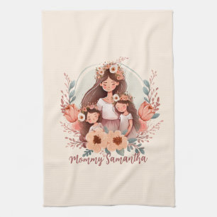 Mum and Two Daughters in Floral Frame Tea Towel
