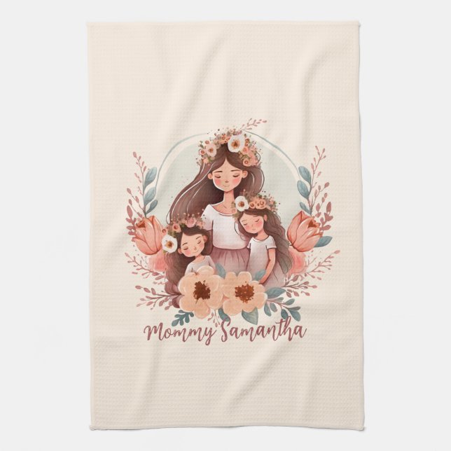 Mum and Two Daughters in Floral Frame Tea Towel (Vertical)