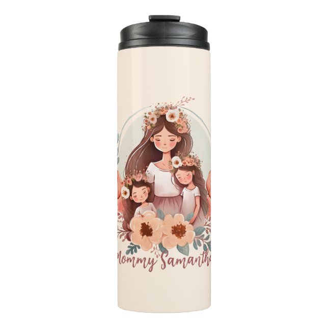 Mum and Two Daughters in Floral Frame Thermal Tumbler (Front)
