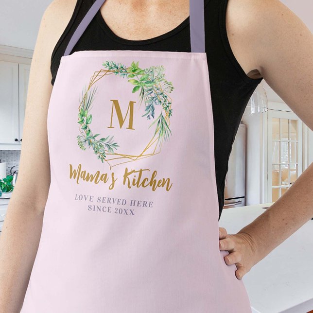 Mum Apron Aromatic Herbs Purple Gold Pink Monogram (mom pink apron christmas gift aromatic herbs love served here cute pretty gold wreath hexagon custom)